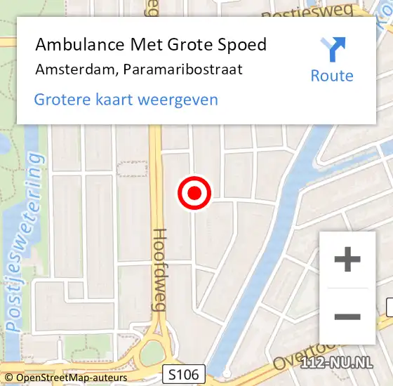 Locatie op kaart van de 112 melding: Ambulance Met Grote Spoed Naar Amsterdam, Paramaribostraat op 14 maart 2025 07:44