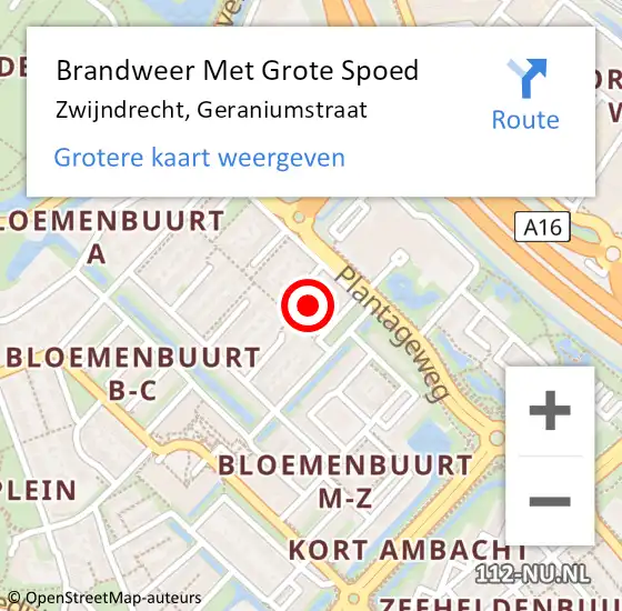 Locatie op kaart van de 112 melding: Brandweer Met Grote Spoed Naar Zwijndrecht, Geraniumstraat op 14 maart 2025 17:15