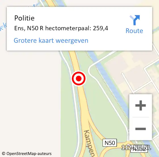 Locatie op kaart van de 112 melding: Politie Ens, N50 R hectometerpaal: 259,4 op 10 november 2014 07:16