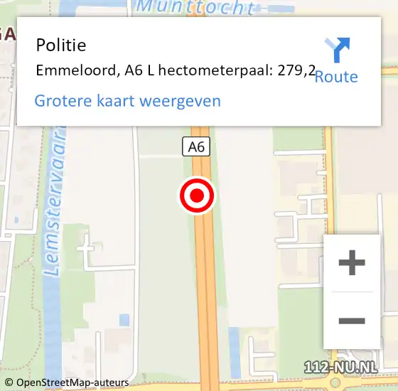 Locatie op kaart van de 112 melding: Politie Emmeloord, A6 L hectometerpaal: 279,2 op 10 november 2014 07:56