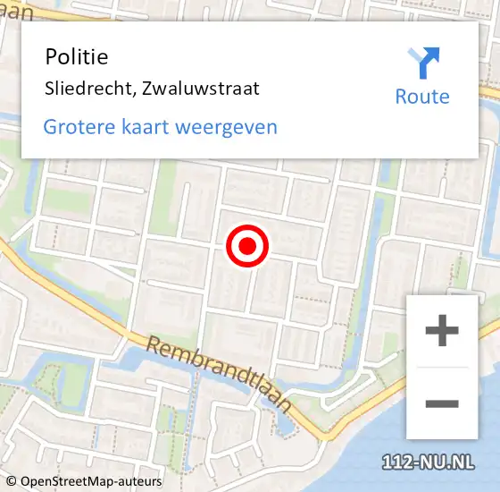 Locatie op kaart van de 112 melding: Politie Sliedrecht, Zwaluwstraat op 17 maart 2025 13:53