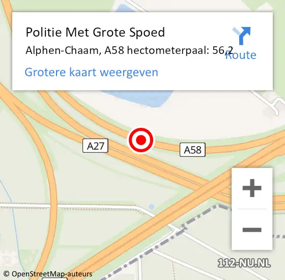 Locatie op kaart van de 112 melding: Politie Met Grote Spoed Naar Alphen-Chaam, A58 hectometerpaal: 56,2 op 17 maart 2025 17:29