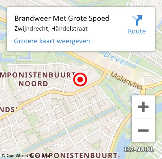 Locatie op kaart van de 112 melding: Brandweer Met Grote Spoed Naar Zwijndrecht, Händelstraat op 19 maart 2025 15:23