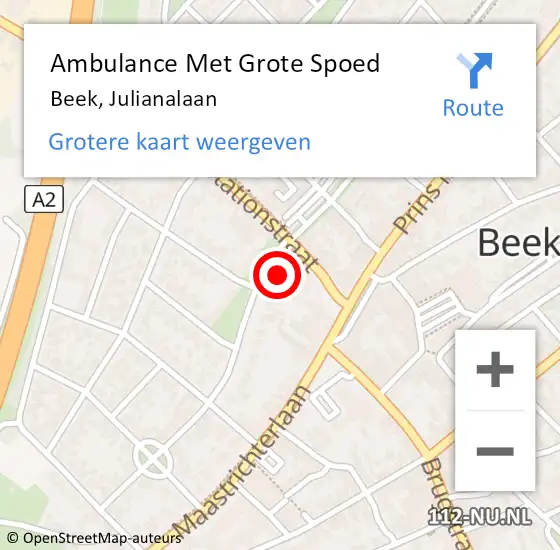 Locatie op kaart van de 112 melding: Ambulance Met Grote Spoed Naar Beek, Julianalaan op 10 november 2014 16:35