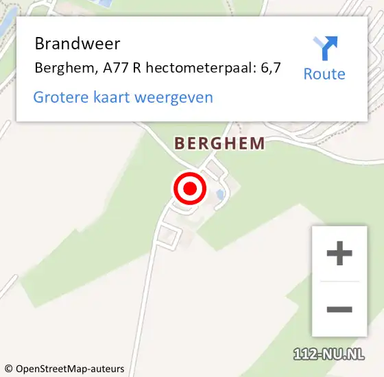 Locatie op kaart van de 112 melding: Brandweer Berghem, A77 R hectometerpaal: 6,7 op 10 november 2014 17:14