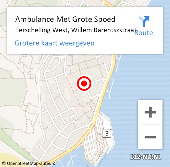 Locatie op kaart van de 112 melding: Ambulance Met Grote Spoed Naar Terschelling West, Willem Barentszstraat op 10 november 2014 22:49