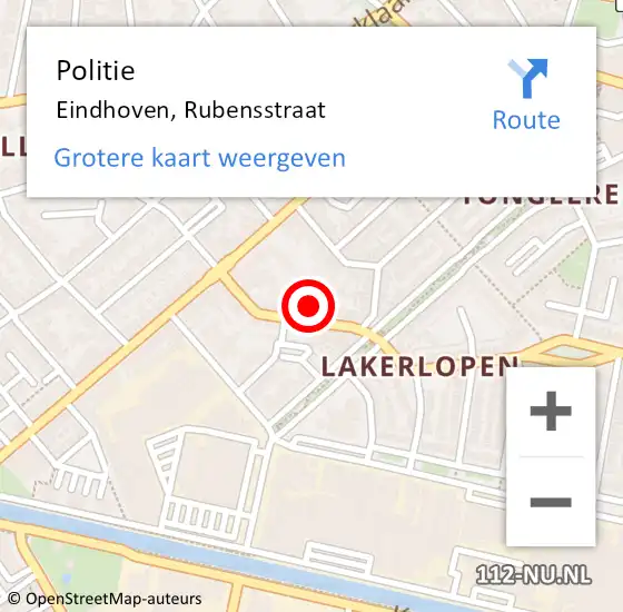 Locatie op kaart van de 112 melding: Politie Eindhoven, Rubensstraat op 26 maart 2025 22:58