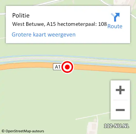 Locatie op kaart van de 112 melding: Politie West Betuwe, A15 hectometerpaal: 108 op 31 maart 2025 11:11