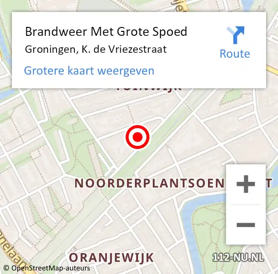 Locatie op kaart van de 112 melding: Brandweer Met Grote Spoed Naar Groningen, K. de Vriezestraat op 31 maart 2025 14:58