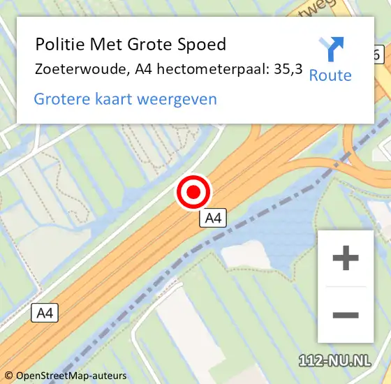 Locatie op kaart van de 112 melding: Politie Met Grote Spoed Naar Zoeterwoude, A4 hectometerpaal: 35,3 op 31 maart 2025 16:05