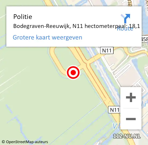 Locatie op kaart van de 112 melding: Politie Bodegraven-Reeuwijk, N11 hectometerpaal: 18,1 op 1 april 2025 07:09