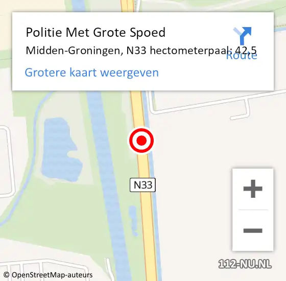 Locatie op kaart van de 112 melding: Politie Met Grote Spoed Naar Midden-Groningen, N33 hectometerpaal: 42,5 op 1 april 2025 07:52