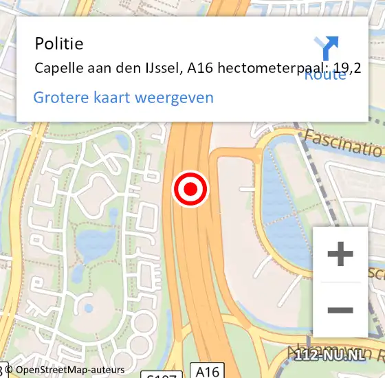 Locatie op kaart van de 112 melding: Politie Capelle aan den IJssel, A16 hectometerpaal: 19,2 op 1 april 2025 11:02