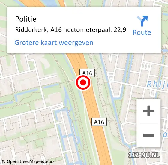 Locatie op kaart van de 112 melding: Politie Ridderkerk, A16 hectometerpaal: 22,9 op 1 april 2025 15:58