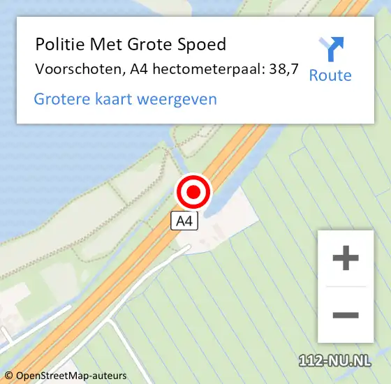 Locatie op kaart van de 112 melding: Politie Met Grote Spoed Naar Voorschoten, A4 hectometerpaal: 38,7 op 1 april 2025 17:01