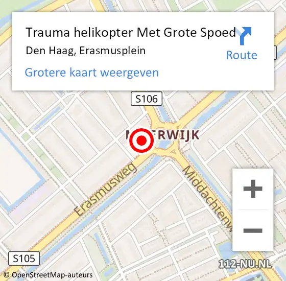 Locatie op kaart van de 112 melding: Trauma helikopter Met Grote Spoed Naar Den Haag, Erasmusplein op 1 april 2025 17:59