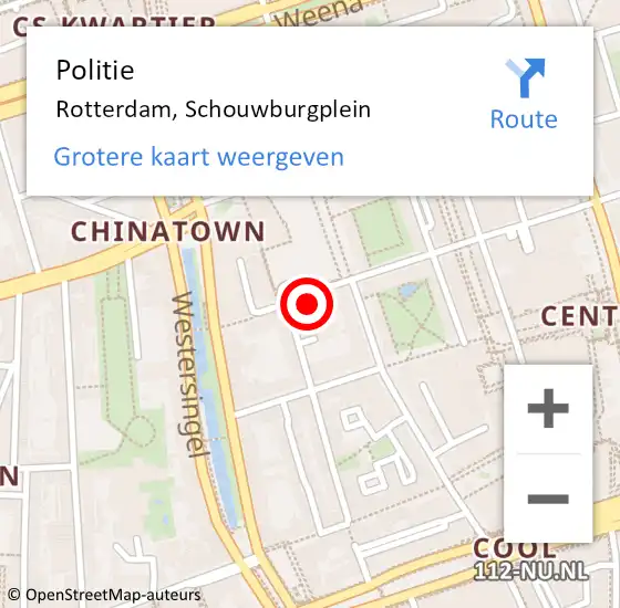 Locatie op kaart van de 112 melding: Politie Rotterdam, Schouwburgplein op 1 april 2025 19:35