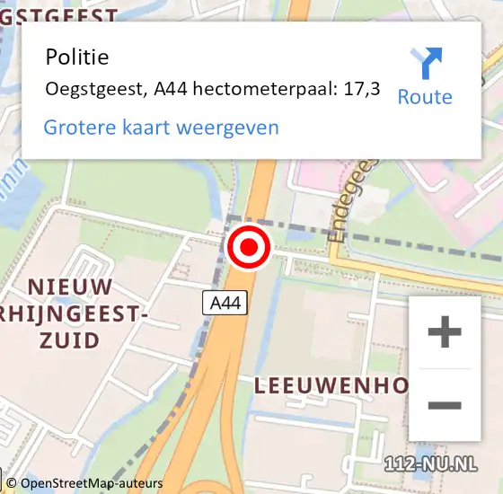 Locatie op kaart van de 112 melding: Politie Oegstgeest, A44 hectometerpaal: 17,3 op 1 april 2025 20:18