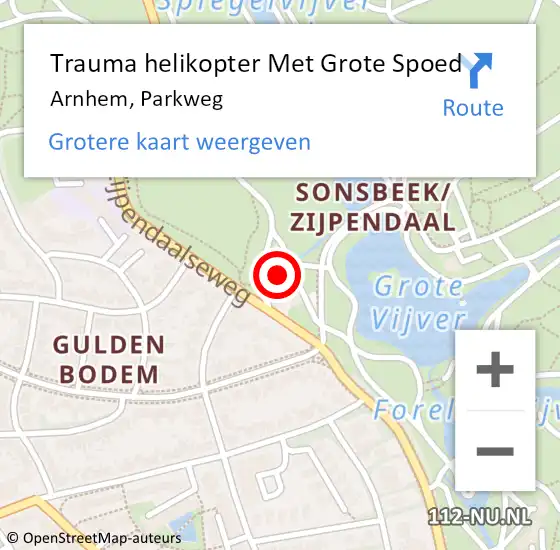 Locatie op kaart van de 112 melding: Trauma helikopter Met Grote Spoed Naar Arnhem, Parkweg op 1 april 2025 23:16
