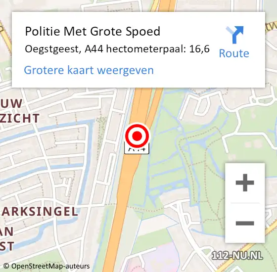 Locatie op kaart van de 112 melding: Politie Met Grote Spoed Naar Oegstgeest, A44 hectometerpaal: 16,6 op 2 april 2025 07:57