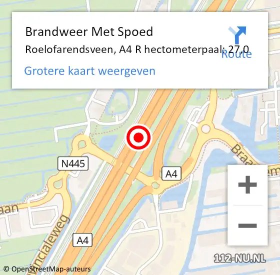 Locatie op kaart van de 112 melding: Brandweer Met Spoed Naar Roelofarendsveen, A4 R hectometerpaal: 27,7 op 20 oktober 2013 19:30