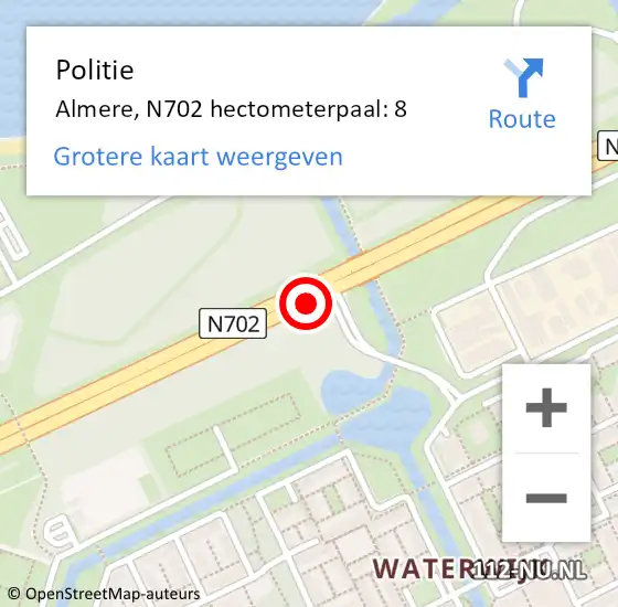 Locatie op kaart van de 112 melding: Politie Almere, N702 hectometerpaal: 8 op 2 april 2025 11:13