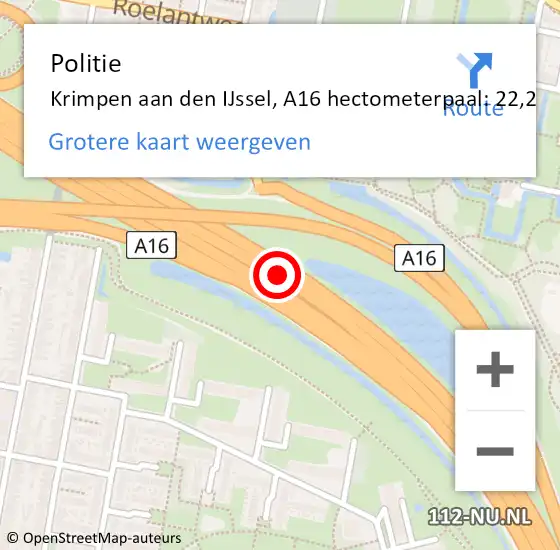Locatie op kaart van de 112 melding: Politie Krimpen aan den IJssel, A16 hectometerpaal: 22,2 op 2 april 2025 14:23