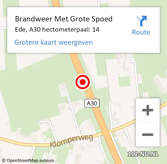 Locatie op kaart van de 112 melding: Brandweer Met Grote Spoed Naar Ede, A30 hectometerpaal: 14 op 2 april 2025 14:43