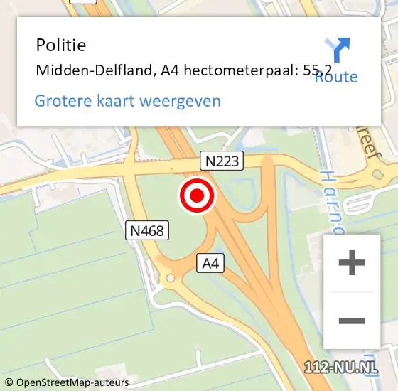 Locatie op kaart van de 112 melding: Politie Midden-Delfland, A4 hectometerpaal: 55,2 op 2 april 2025 15:10