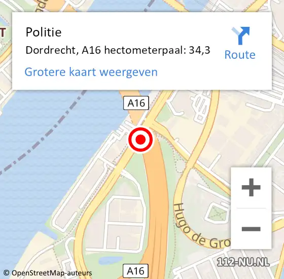 Locatie op kaart van de 112 melding: Politie Dordrecht, A16 hectometerpaal: 34,3 op 2 april 2025 16:01