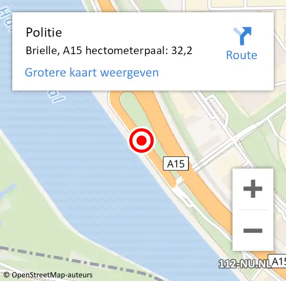 Locatie op kaart van de 112 melding: Politie Brielle, A15 hectometerpaal: 32,2 op 2 april 2025 16:02