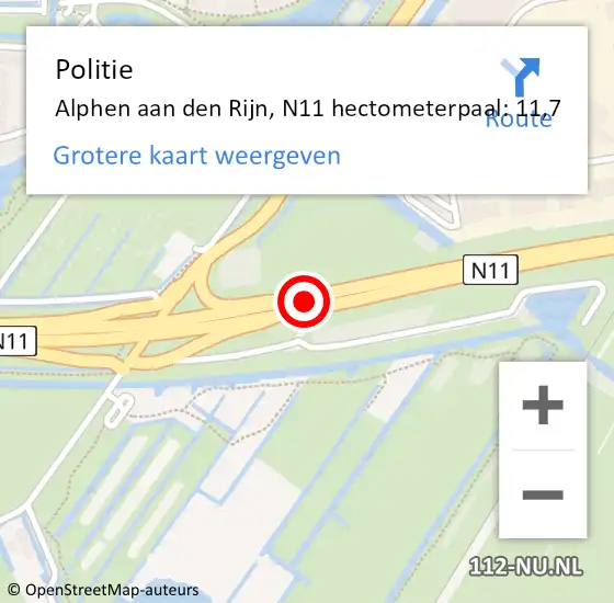Locatie op kaart van de 112 melding: Politie Alphen aan den Rijn, N11 hectometerpaal: 11,7 op 2 april 2025 16:05