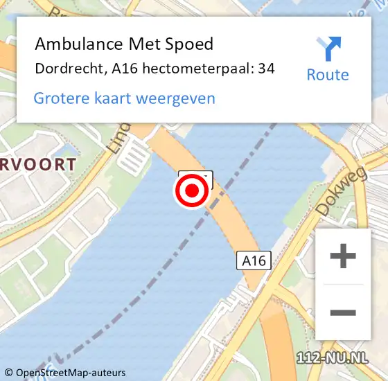 Locatie op kaart van de 112 melding: Ambulance Met Spoed Naar Dordrecht, A16 hectometerpaal: 34 op 2 april 2025 16:07