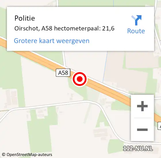 Locatie op kaart van de 112 melding: Politie Oirschot, A58 hectometerpaal: 21,6 op 2 april 2025 16:21