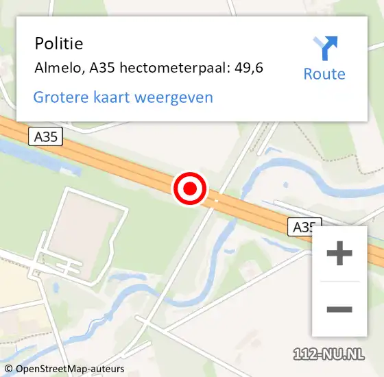 Locatie op kaart van de 112 melding: Politie Almelo, A35 hectometerpaal: 49,6 op 2 april 2025 17:28