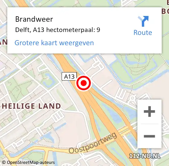 Locatie op kaart van de 112 melding: Brandweer Delft, A13 hectometerpaal: 9 op 3 april 2025 08:48