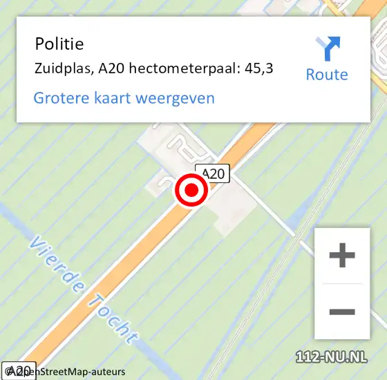 Locatie op kaart van de 112 melding: Politie Zuidplas, A20 hectometerpaal: 45,3 op 3 april 2025 10:36
