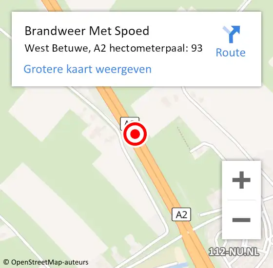 Locatie op kaart van de 112 melding: Brandweer Met Spoed Naar West Betuwe, A2 hectometerpaal: 93 op 3 april 2025 14:07