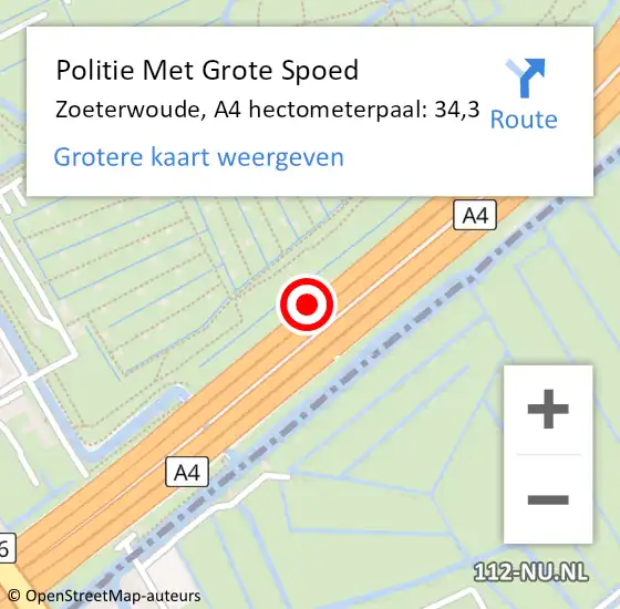 Locatie op kaart van de 112 melding: Politie Met Grote Spoed Naar Zoeterwoude, A4 hectometerpaal: 34,3 op 3 april 2025 17:16