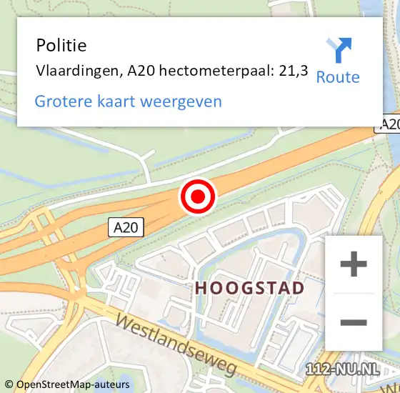 Locatie op kaart van de 112 melding: Politie Vlaardingen, A20 hectometerpaal: 21,3 op 3 april 2025 17:34