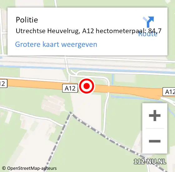 Locatie op kaart van de 112 melding: Politie Utrechtse Heuvelrug, A12 hectometerpaal: 84,7 op 3 april 2025 18:19