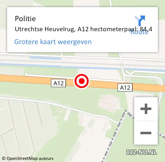 Locatie op kaart van de 112 melding: Politie Utrechtse Heuvelrug, A12 hectometerpaal: 84,4 op 3 april 2025 18:20
