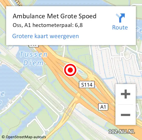 Locatie op kaart van de 112 melding: Ambulance Met Grote Spoed Naar Oss, A1 hectometerpaal: 6,8 op 3 april 2025 19:11