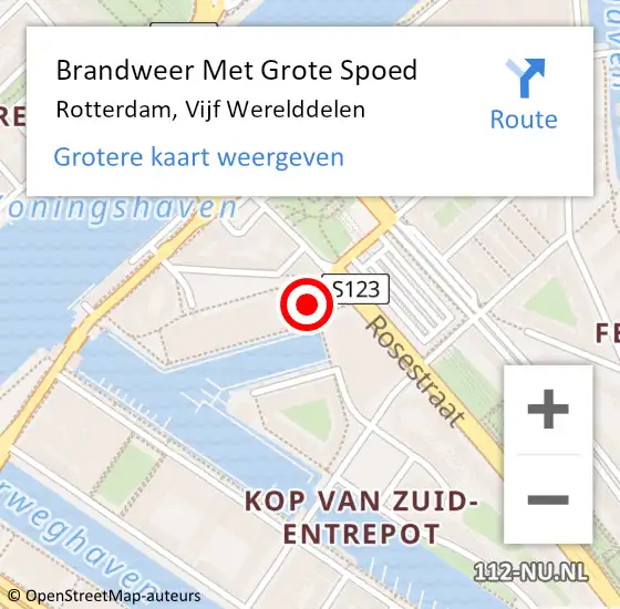 Locatie op kaart van de 112 melding: Brandweer Met Grote Spoed Naar Rotterdam, Vijf Werelddelen op 3 april 2025 20:02