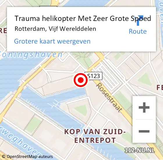 Locatie op kaart van de 112 melding: Trauma helikopter Met Zeer Grote Spoed Naar Rotterdam, Vijf Werelddelen op 3 april 2025 20:02