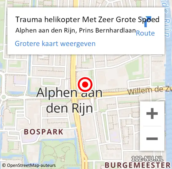 Locatie op kaart van de 112 melding: Trauma helikopter Met Zeer Grote Spoed Naar Alphen aan den Rijn, Prins Bernhardlaan op 3 april 2025 20:06