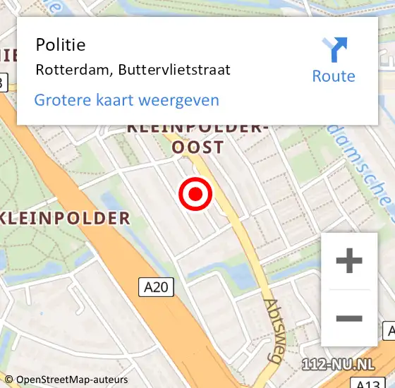 Locatie op kaart van de 112 melding: Politie Rotterdam, Buttervlietstraat op 3 april 2025 20:56