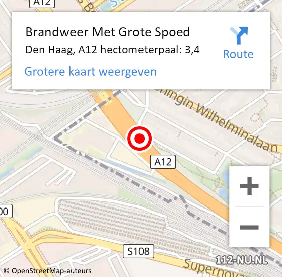 Locatie op kaart van de 112 melding: Brandweer Met Grote Spoed Naar Den Haag, A12 hectometerpaal: 3,4 op 3 april 2025 22:26