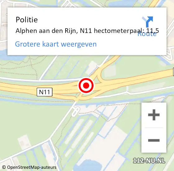 Locatie op kaart van de 112 melding: Politie Alphen aan den Rijn, N11 hectometerpaal: 11,5 op 3 april 2025 23:35