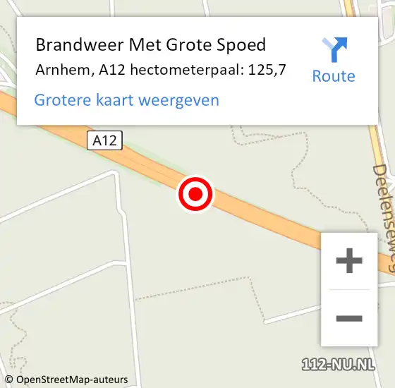 Locatie op kaart van de 112 melding: Brandweer Met Grote Spoed Naar Arnhem, A12 hectometerpaal: 125,7 op 3 april 2025 23:41